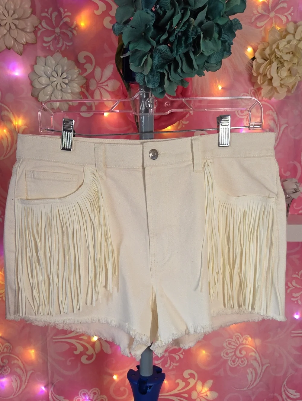 No Boundaries Cream Fringed Women's Denim Shorts